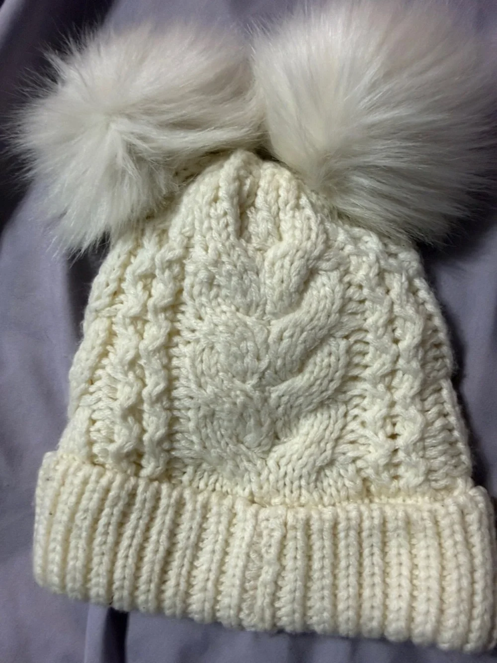 GAP Cream Cable Knit Kids Beanie with Double Faux-Fur Poms